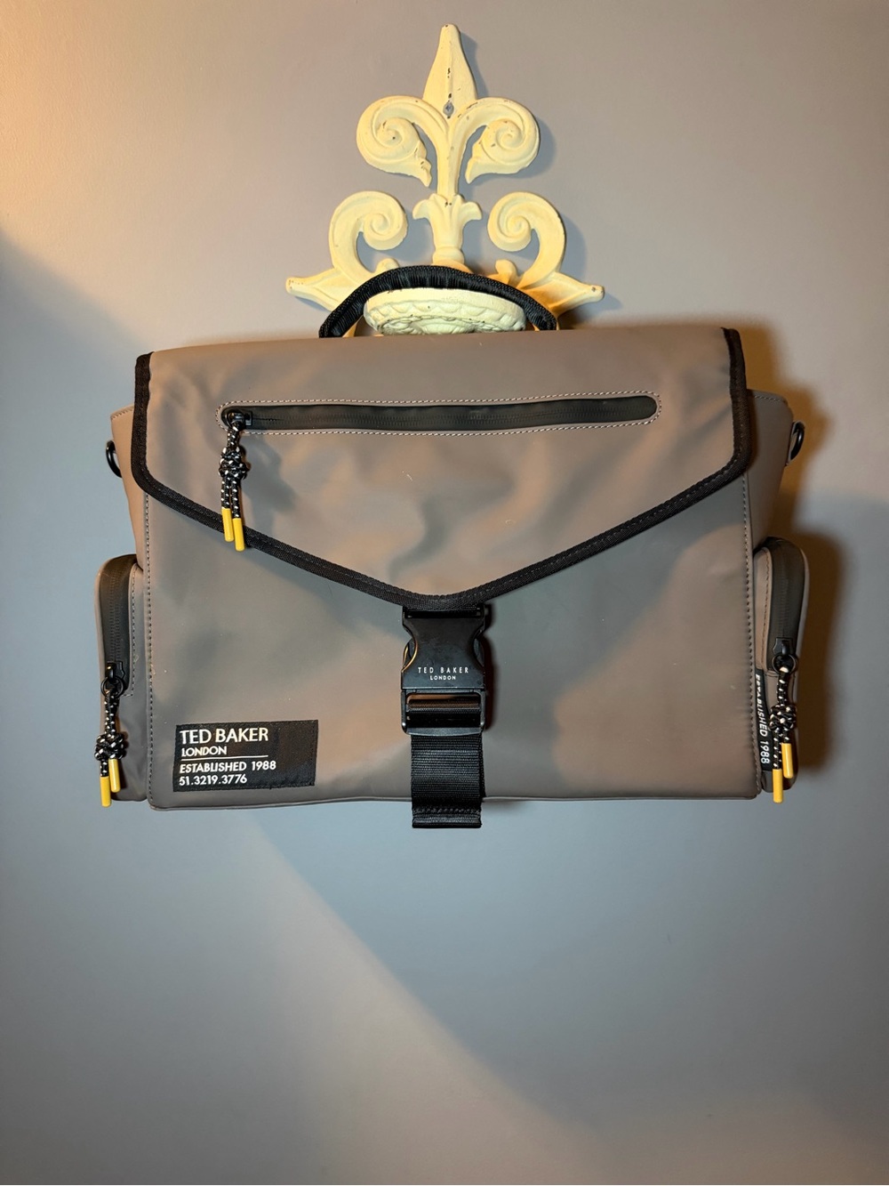 Ted Baker Taupe and Black Messenger Bag with Yellow Accents